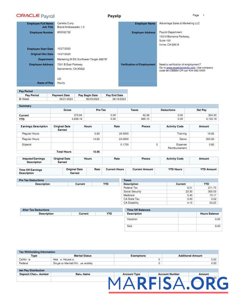 Realistic Oracle Payroll Advantage Sales & Marketing LLC payslip template